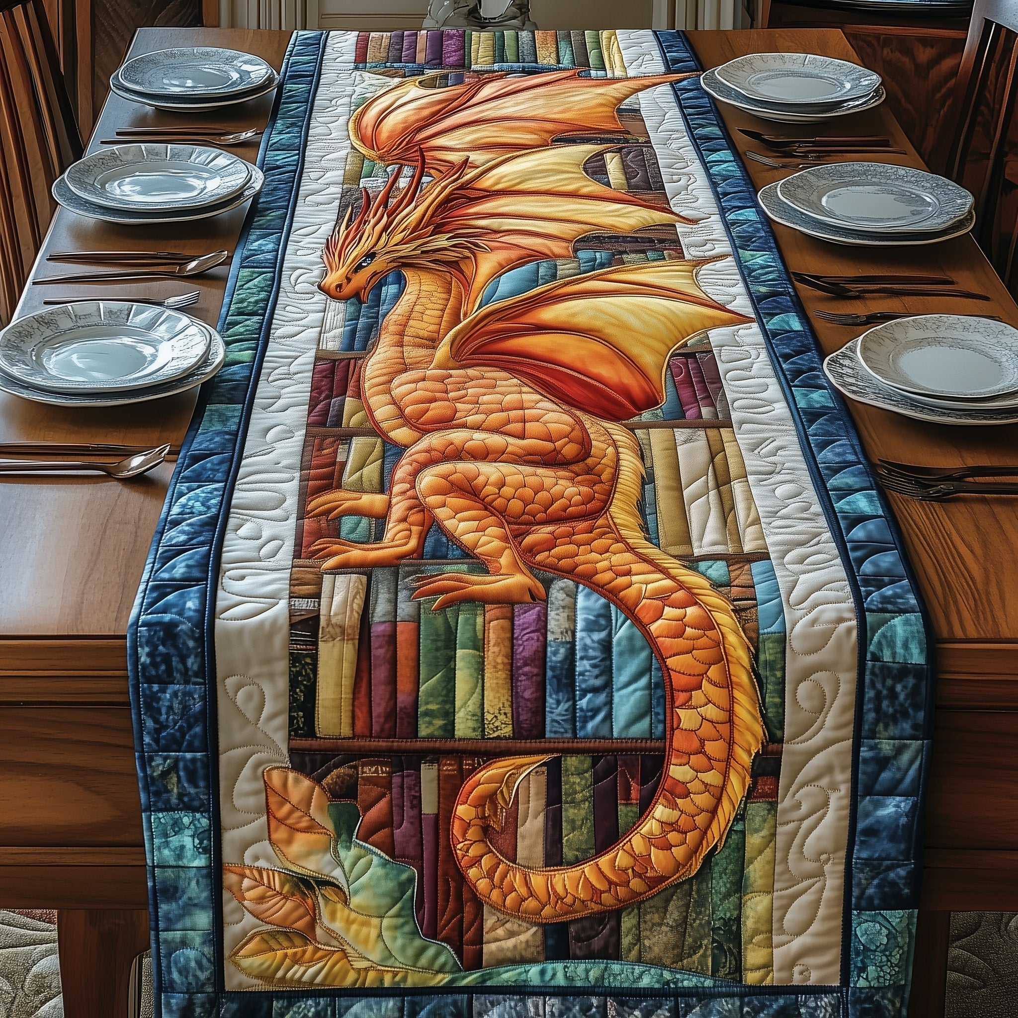 Library Dragon Quilted Table Runner, Easter Table Runner, Spring Table Runner, Mother's Day Gifts