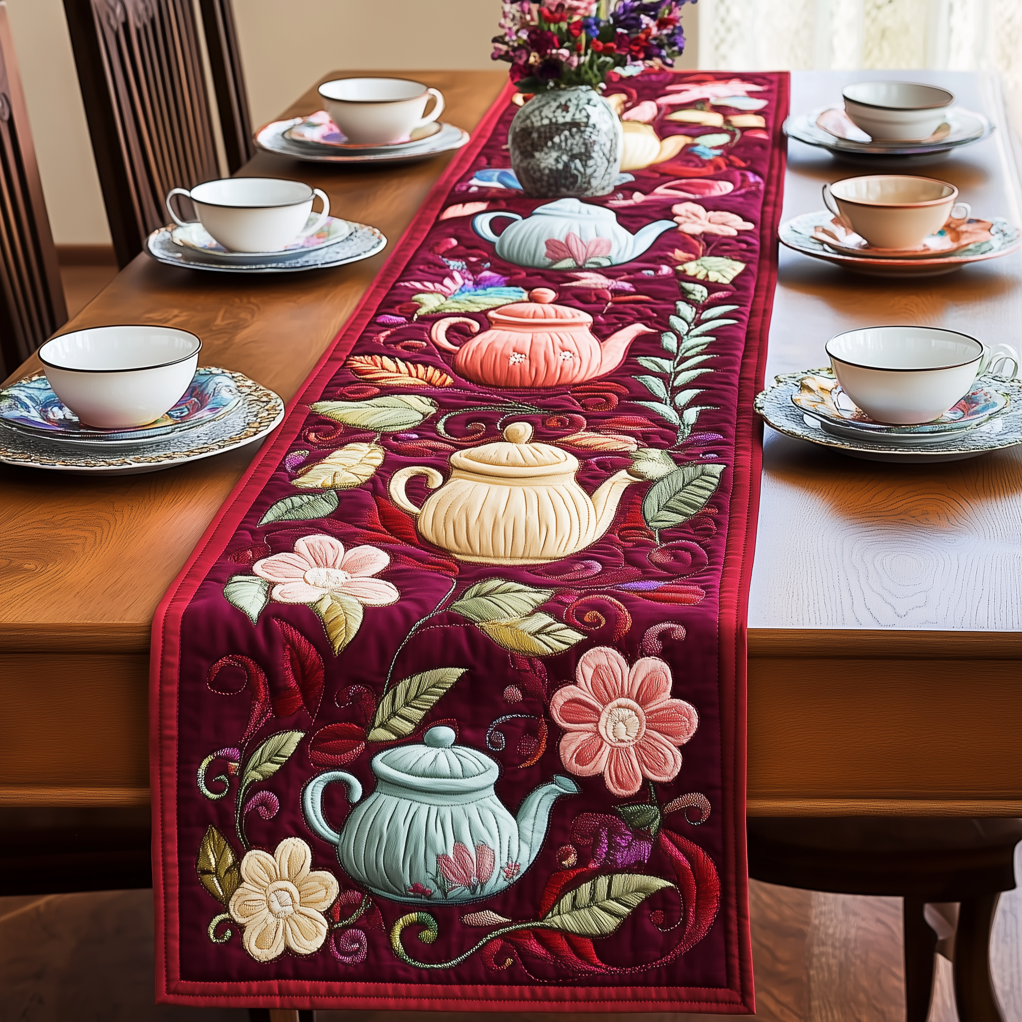 Festive Teapot Quilted Table Runner, Easter Table Runner, Spring Table Runner, Mother's Day Gifts
