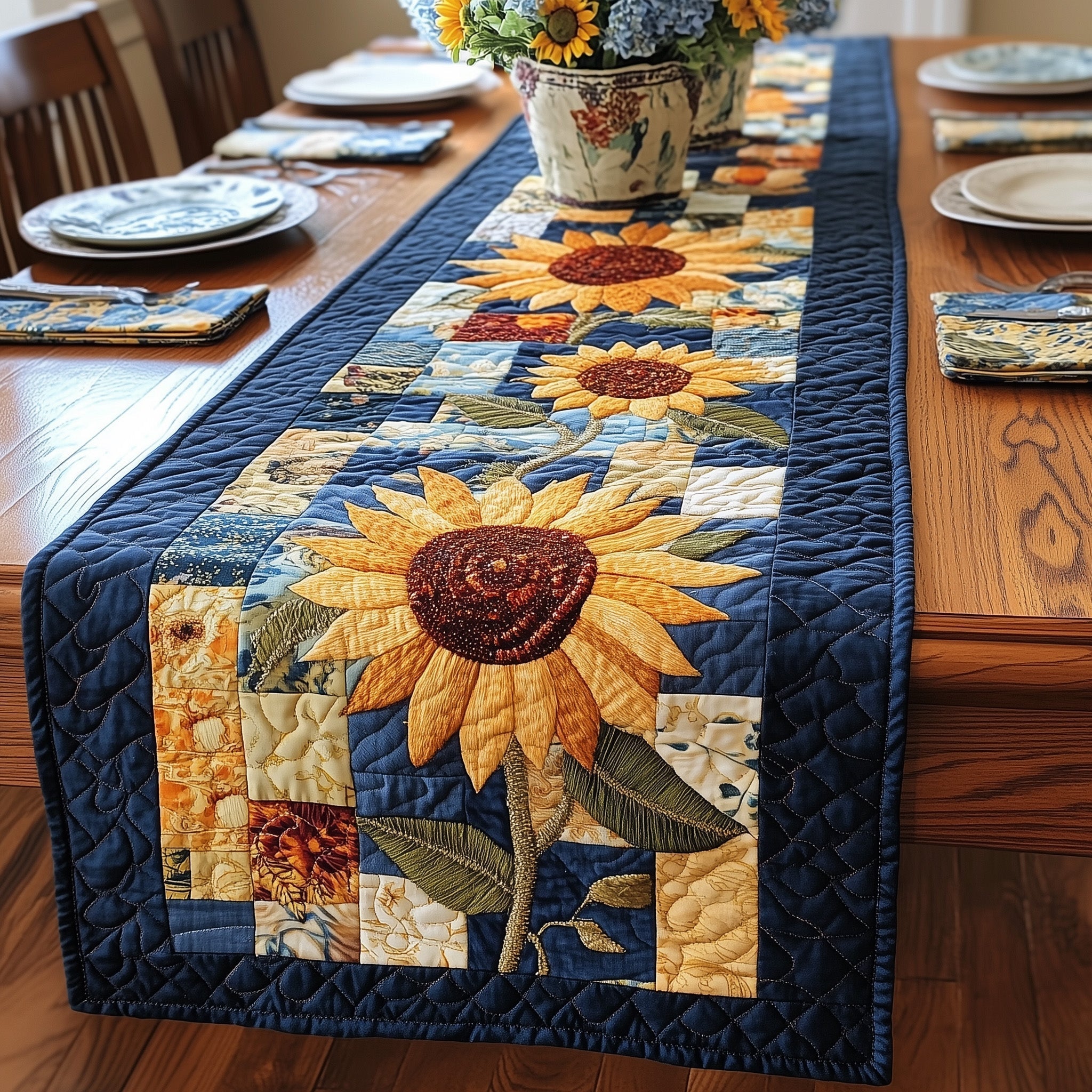 Rustic Sunflower Charm Quilted Table Runner, Easter Table Runner, Spring Table Runner, Mother's Day Gifts