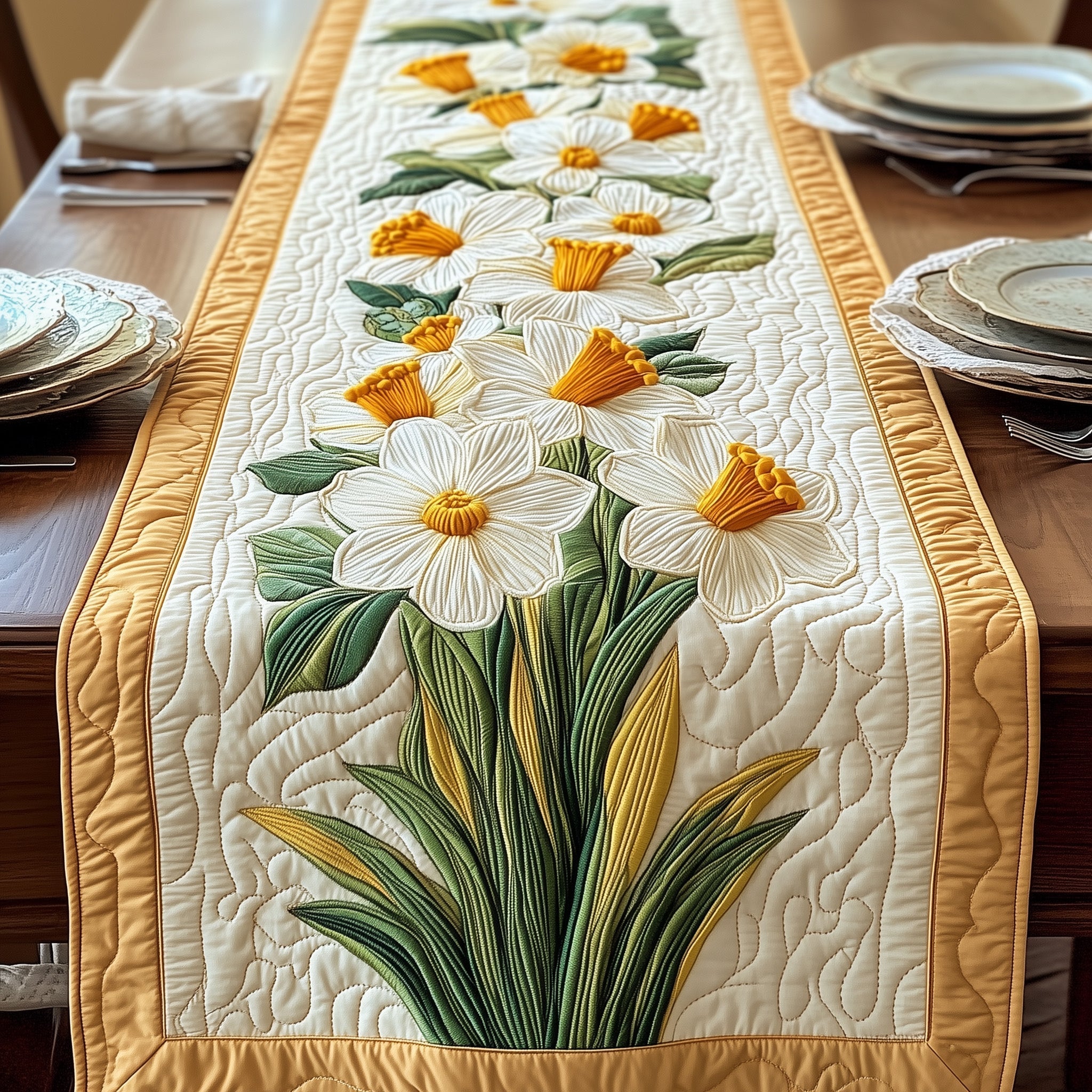 Elegant Daffodil Quilted Table Runner, Easter Table Runner, Spring Table Runner, Mother's Day Gifts