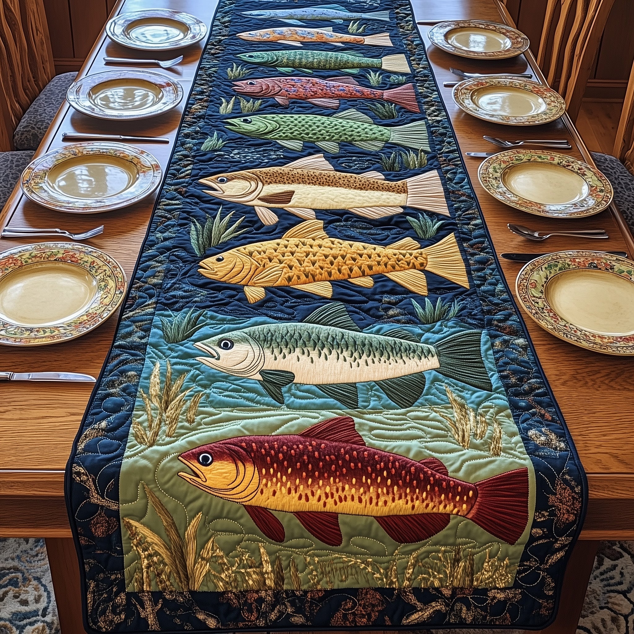 Lakeside Trout Retreat Quilted Table Runner, Easter Table Runner, Spring Table Runner, Mother's Day Gifts