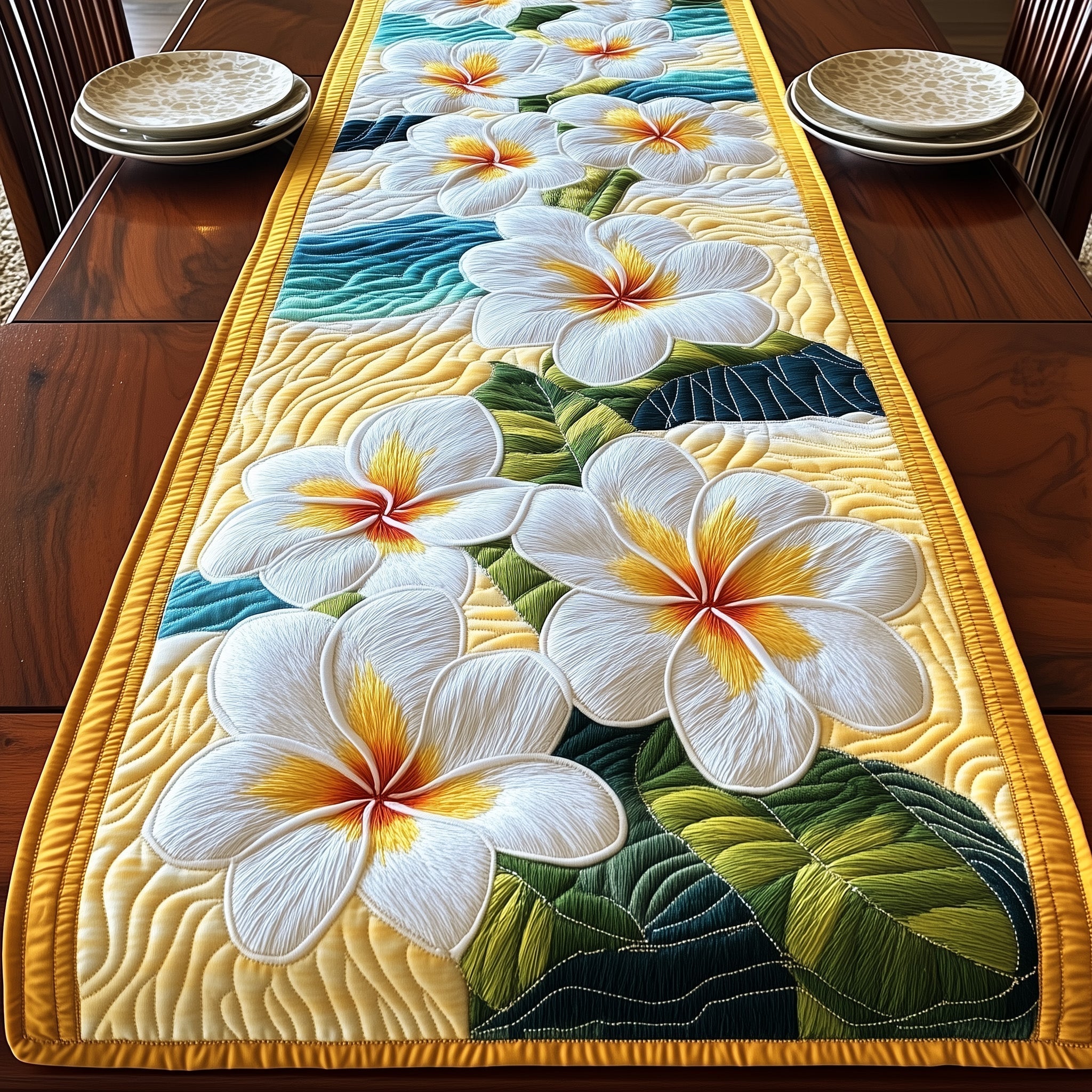 Plumeria Island Quilted Table Runner, Easter Table Runner, Spring Table Runner, Mother's Day Gifts