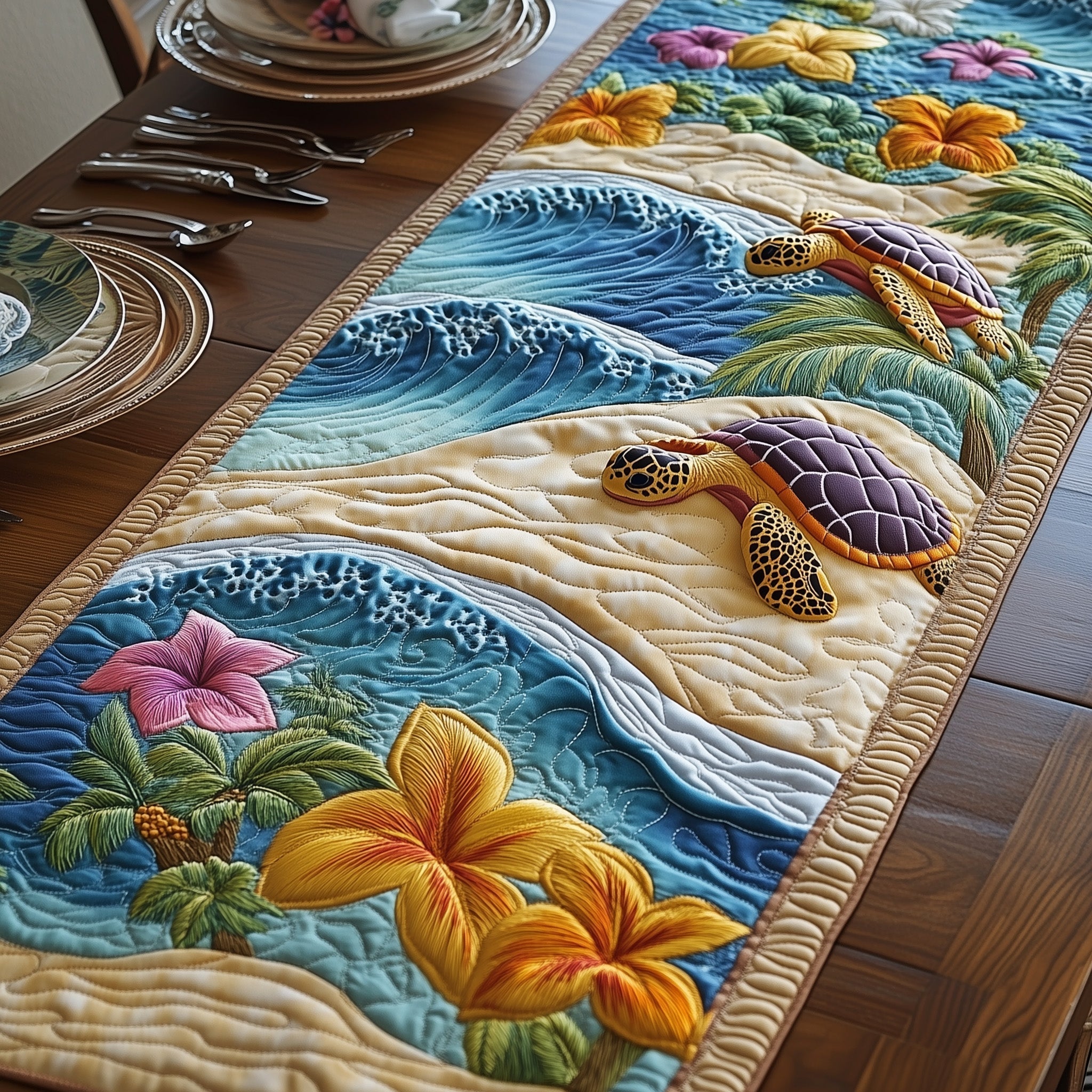 Tropical Turtle Quilted Table Runner, Easter Table Runner, Spring Table Runner, Mother's Day Gifts