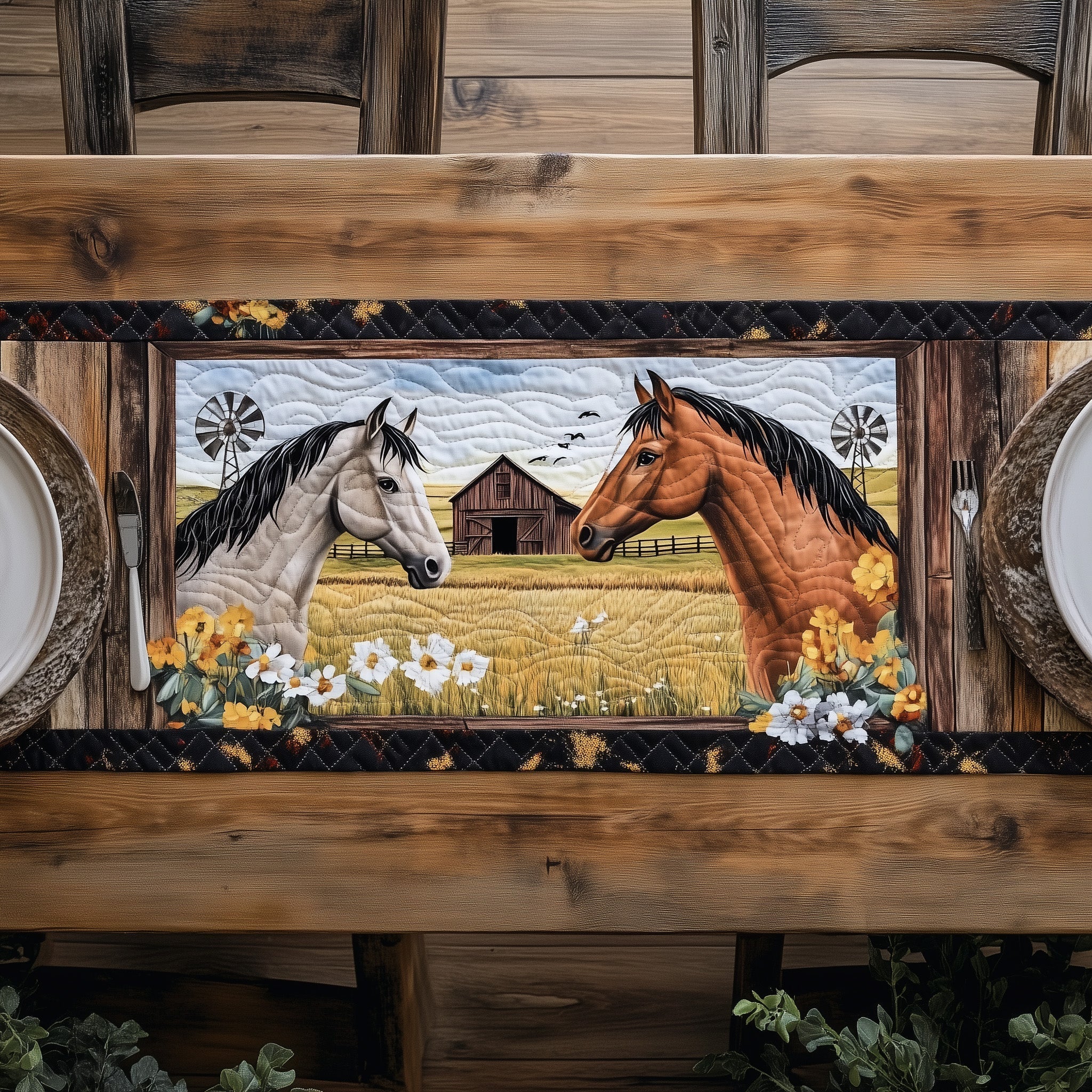 Rustic Horse Quilted Table Runner, Easter Table Runner, Spring Table Runner, Mother's Day Gifts