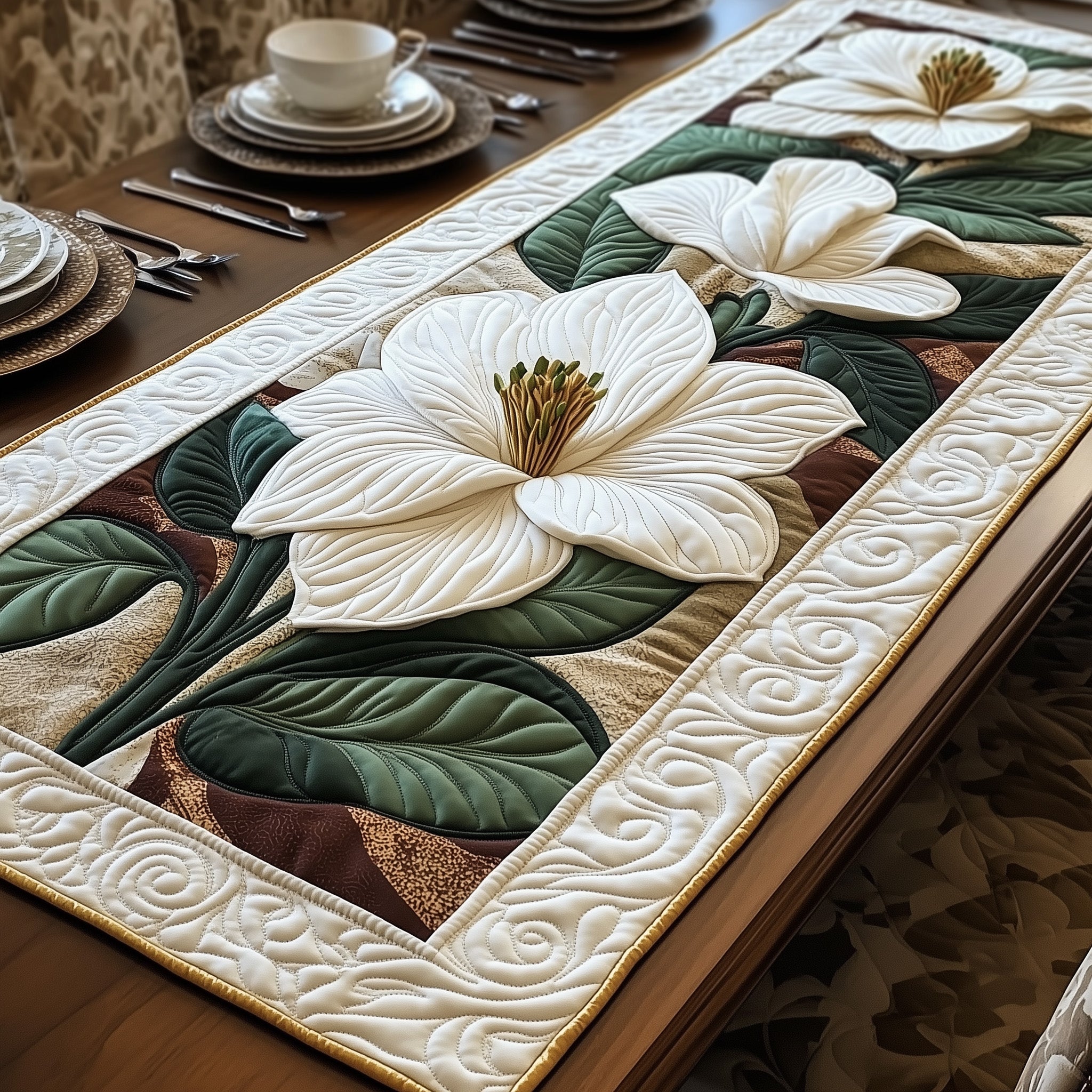 Magnolia Elegance Quilted Table Runner, Easter Table Runner, Spring Table Runner, Mother's Day Gifts