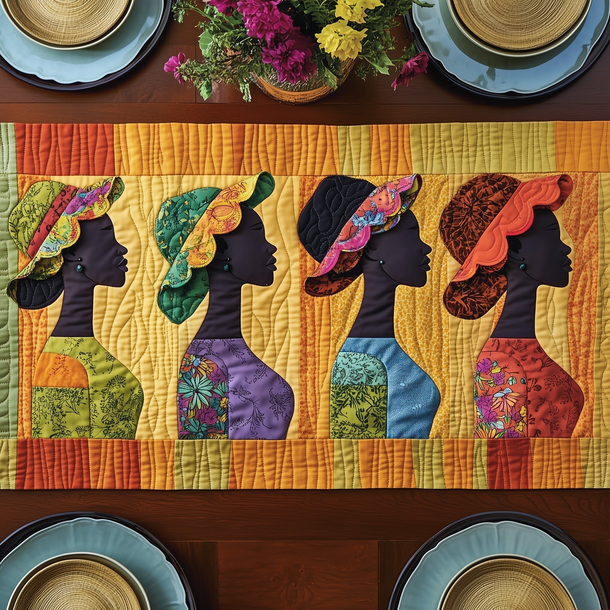 Melanin and Sunbonnet Quilted Table Runner, Easter Table Runner, Spring Table Runner, Mother's Day Gifts