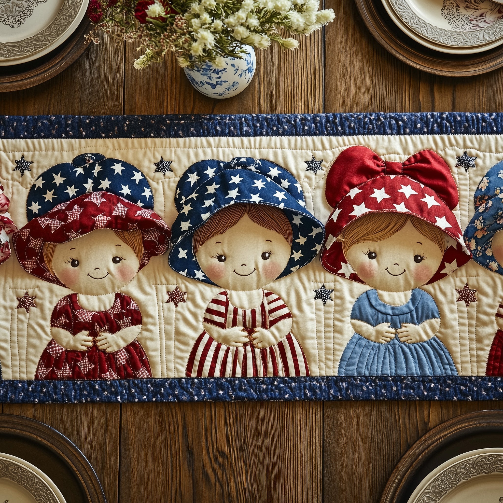 American Charm Sunbonnet Quilted Table Runner, Easter Table Runner, Spring Table Runner, Mother's Day Gifts