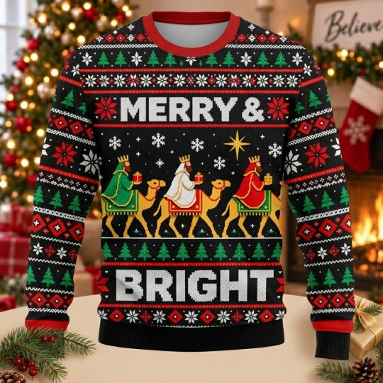 Merry And Bright Three Kings Ugly Christmas Sweater