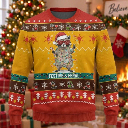 Festive And Feral Raccoon Ugly Christmas Sweater