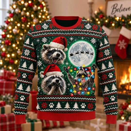 Festive Raccoons Moon Ugly Christmas Sweater