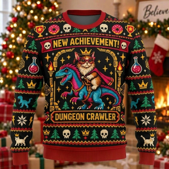 Dungeon Crawler Cat Dinosaur Ugly Christmas Sweater
