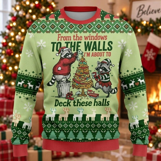Raccoons Deck These Halls Ugly Christmas Sweater