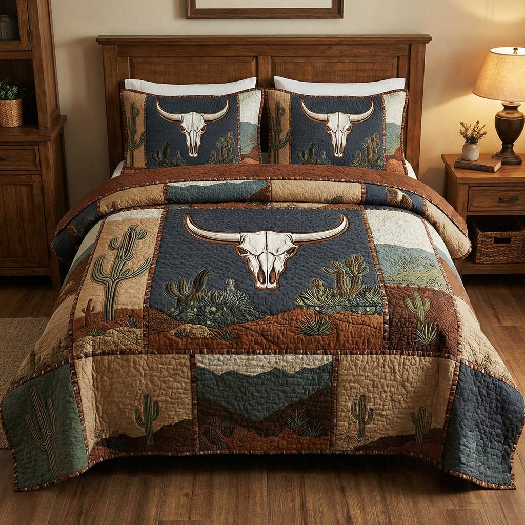 Sagebrush Longhorn Desert 3-Piece Quilted Bedding Set Fall Quilt Sets New Home Gift