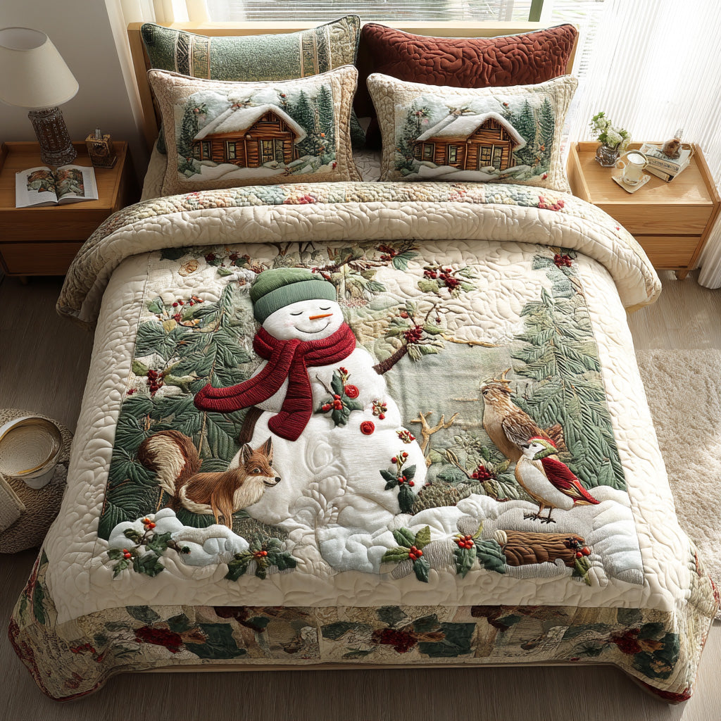 Gentle Winter Snowman 3-Piece Quilted Bedding Set Quilted Bedspread Thanksgiving Gift