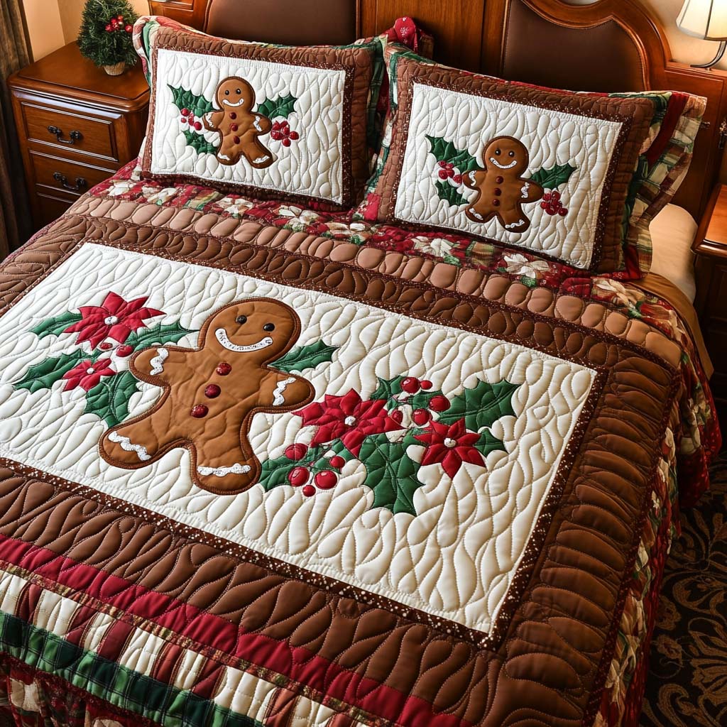 Gingerbread Cheer Quilted bedding Set Bedspread Set Mothers Day Gift