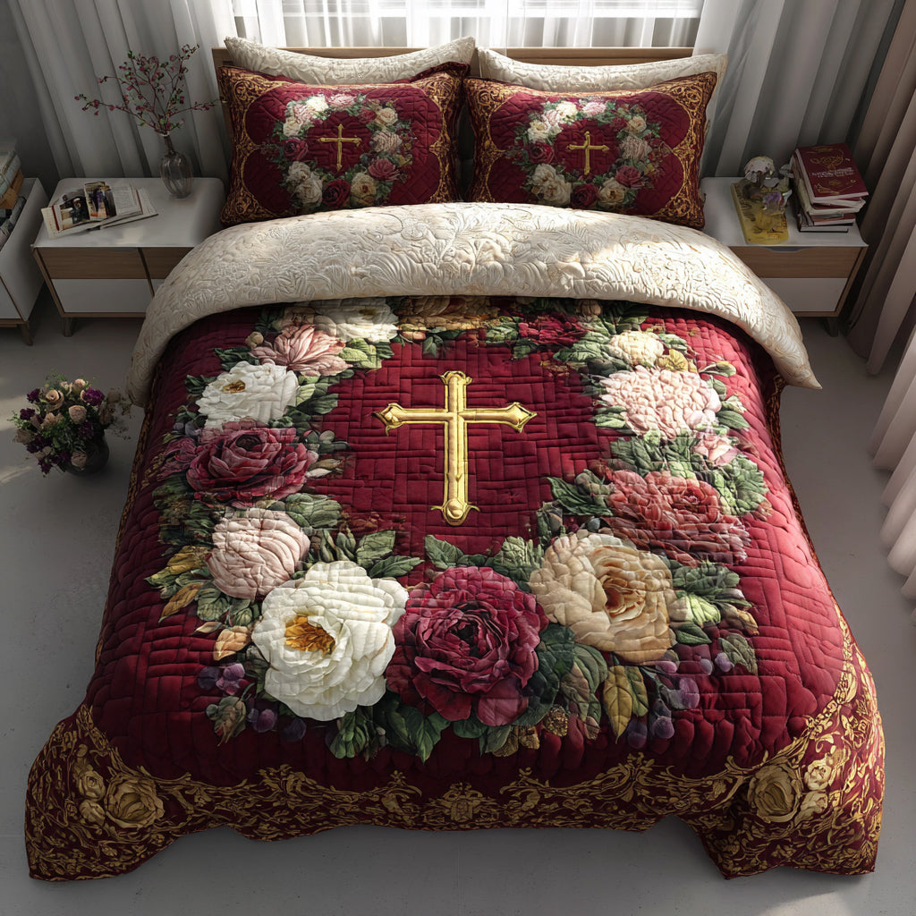 Golden Cross Quilted Bedding Set Bedspread Set Mothers Day Gift