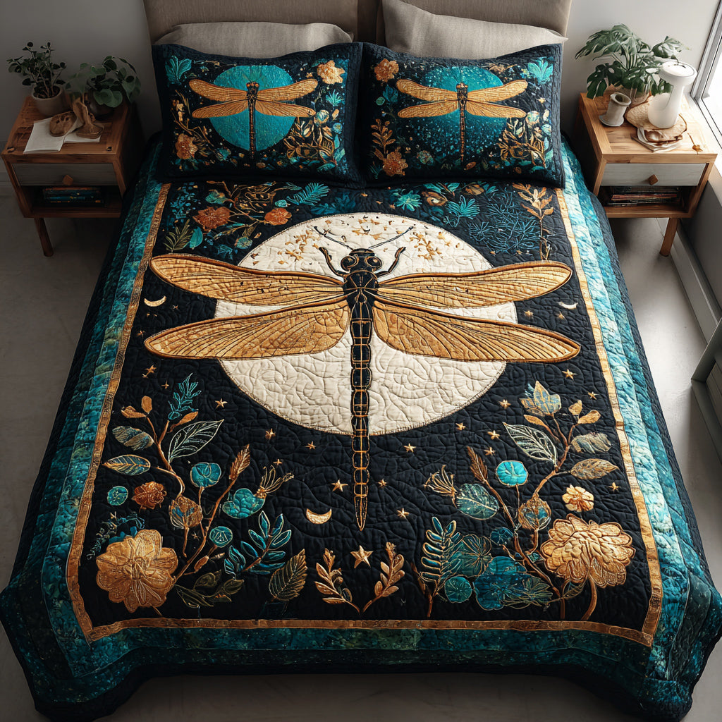 Golden Dragonfly 3-Piece Quilted Bedding Set Lightweight Quilt Set Nature Lover Gift Fall Decor Gift