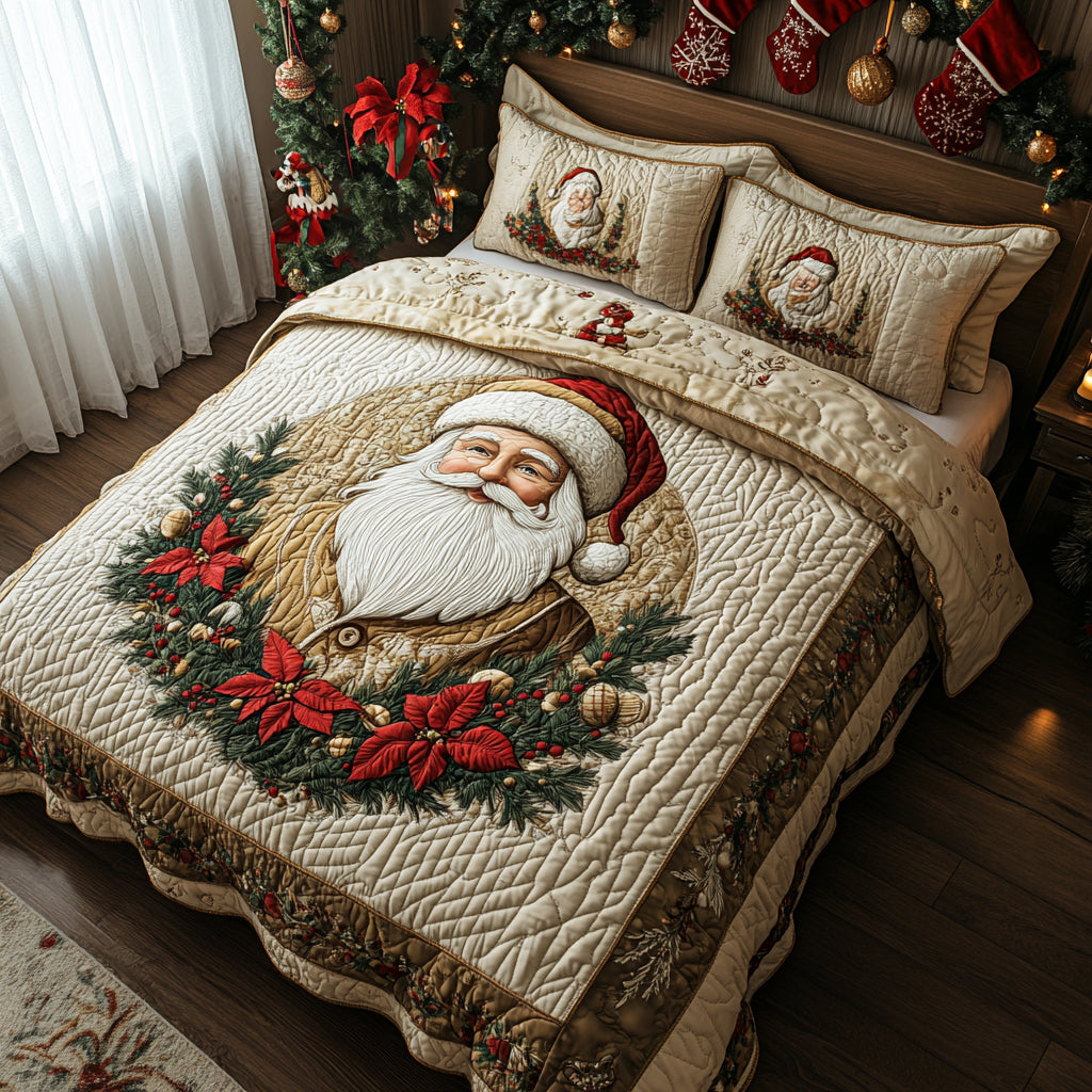 Golden Santa Quilted Bedding Set Lightweight Quilt Set Christmas Gift For Her