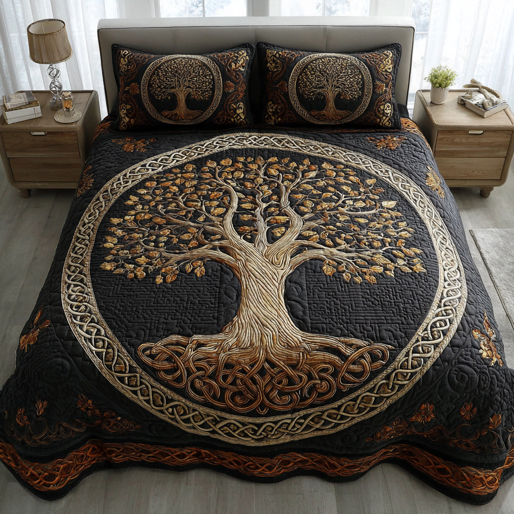 Golden Tree of Life Quilted Bedding Set Bedspread Set New Home Gift