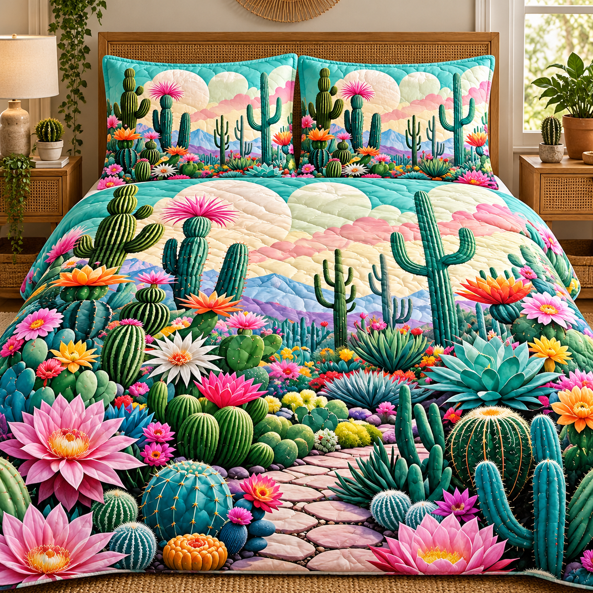 Desert Cactus Flower Garden Quilted Bedding Set, Southwestern Bedding, Gift For Mom