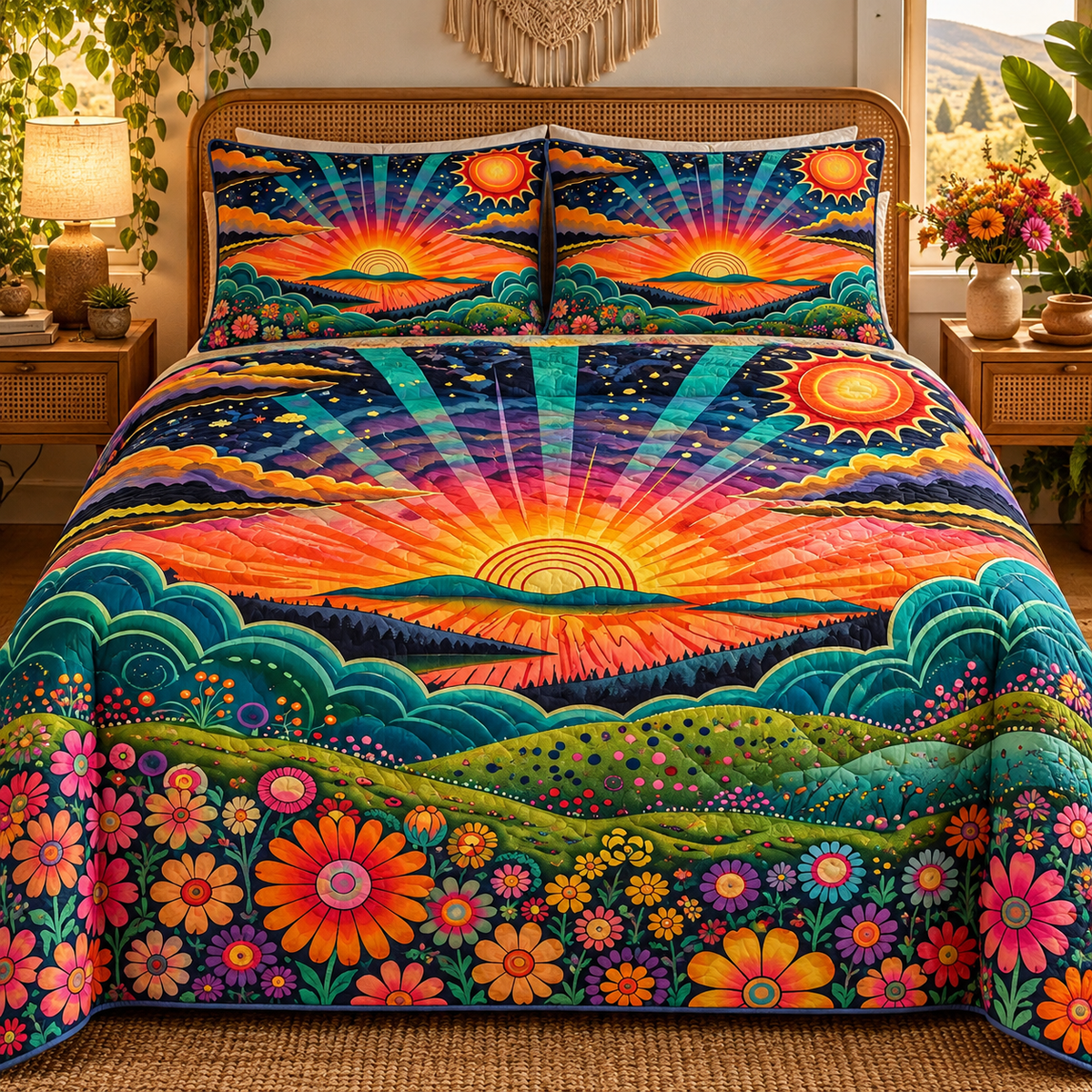 Retro Sunset Wildflower Field Quilted Bedding Set, Boho Bedroom Decor, Gift For Her