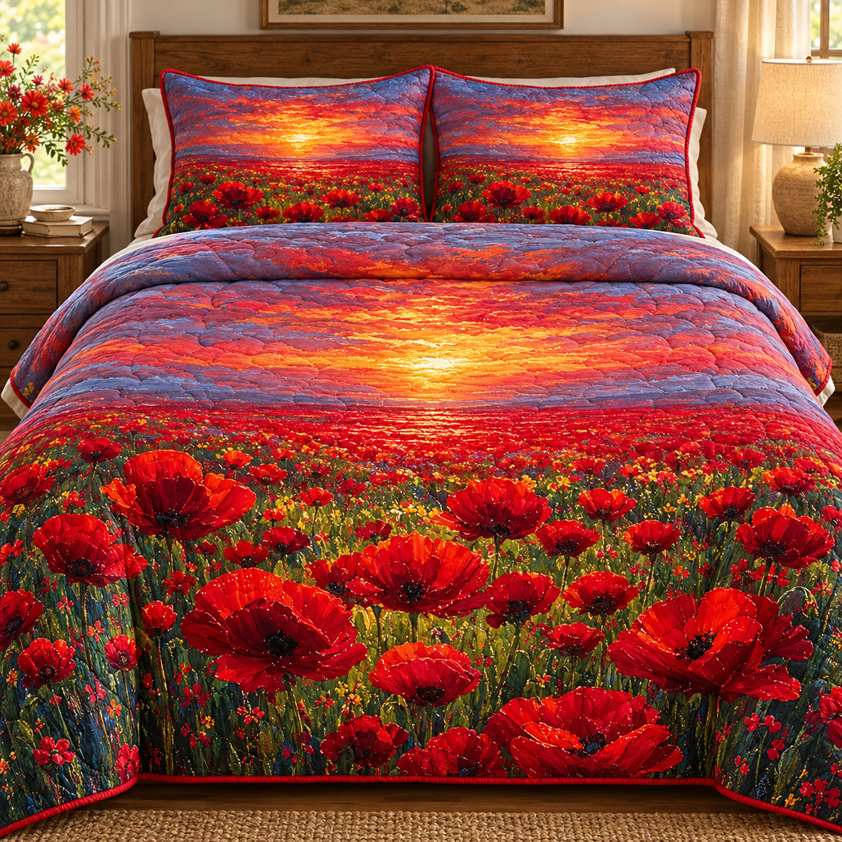 Red Poppy Field Sunset Quilted Bedding Set, Floral Bedroom Decor, Gift For Mom