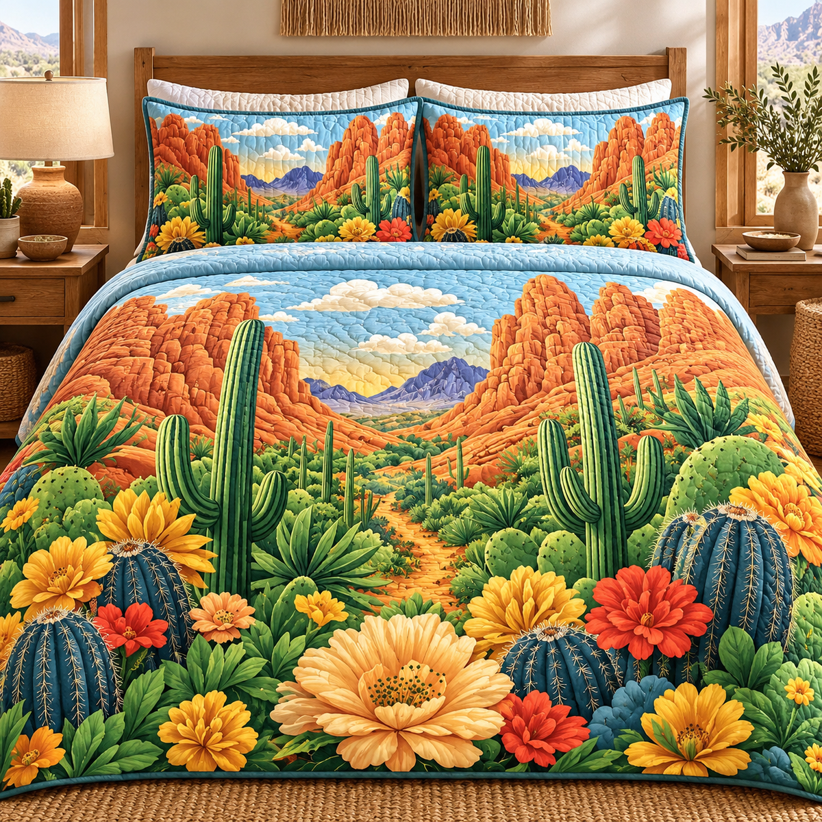 Red Rock Canyon Cactus Quilted Bedding Set, Southwestern Bedding, Desert Home Decor