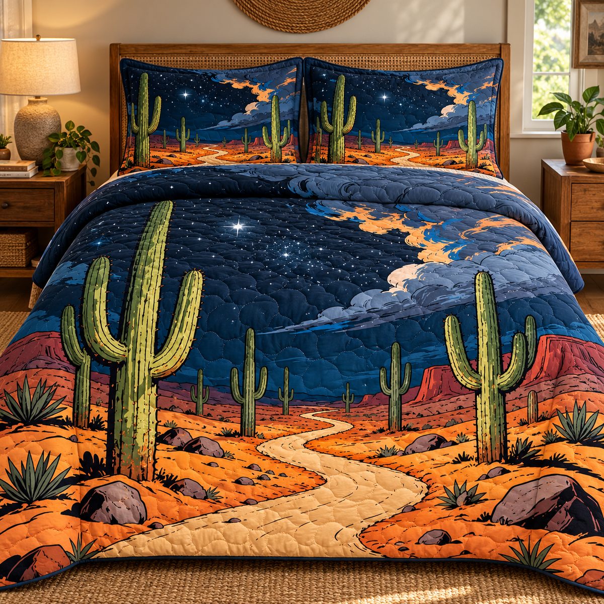 Starry Night Saguaro Desert Quilted Bedding Set, Southwestern Bedding, Cactus Lover Gift