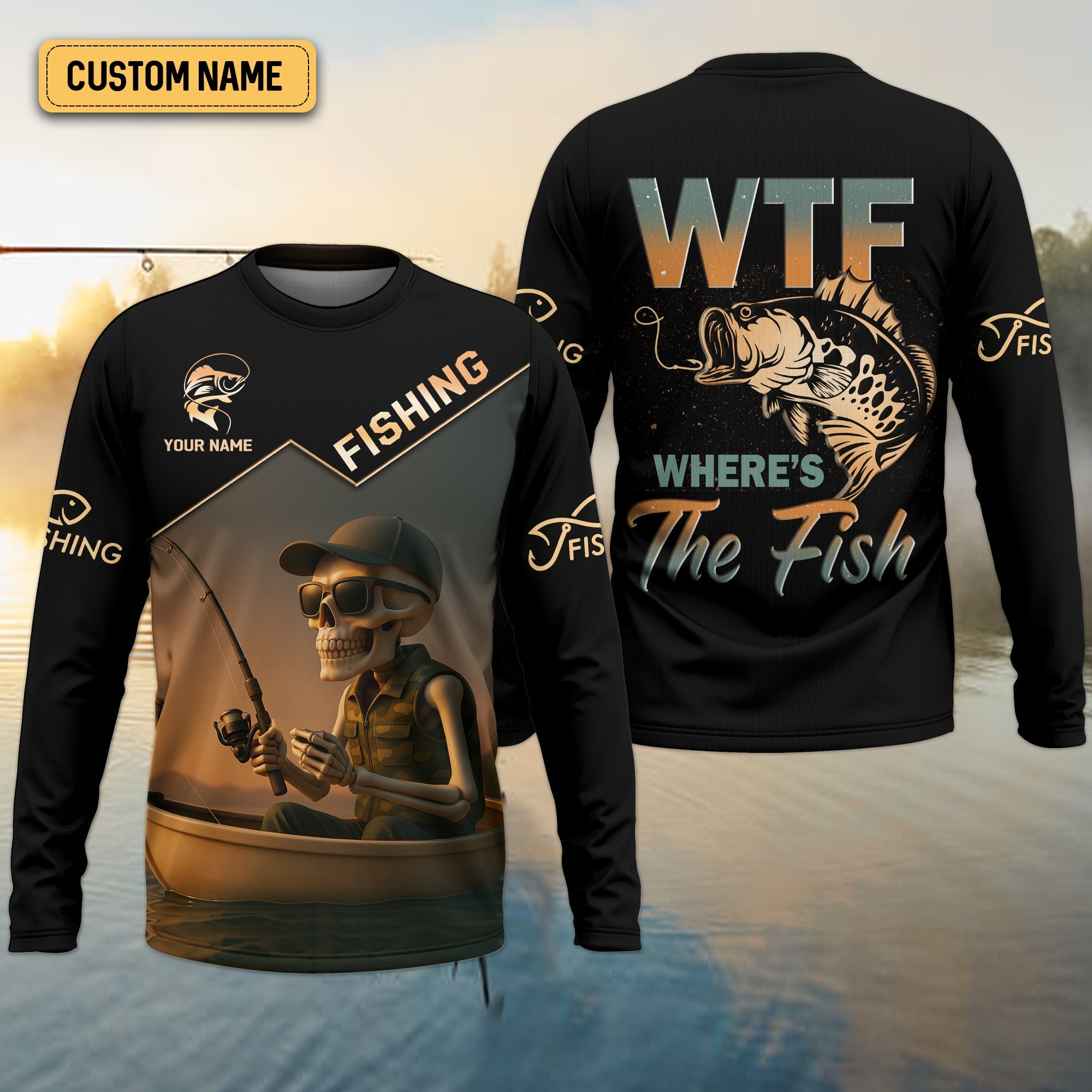 WTF Where's The Fish, Funny Skeleton Shirts, Fishing UV Shirts, Gag Gifts For Men, Mens Casual Shirts