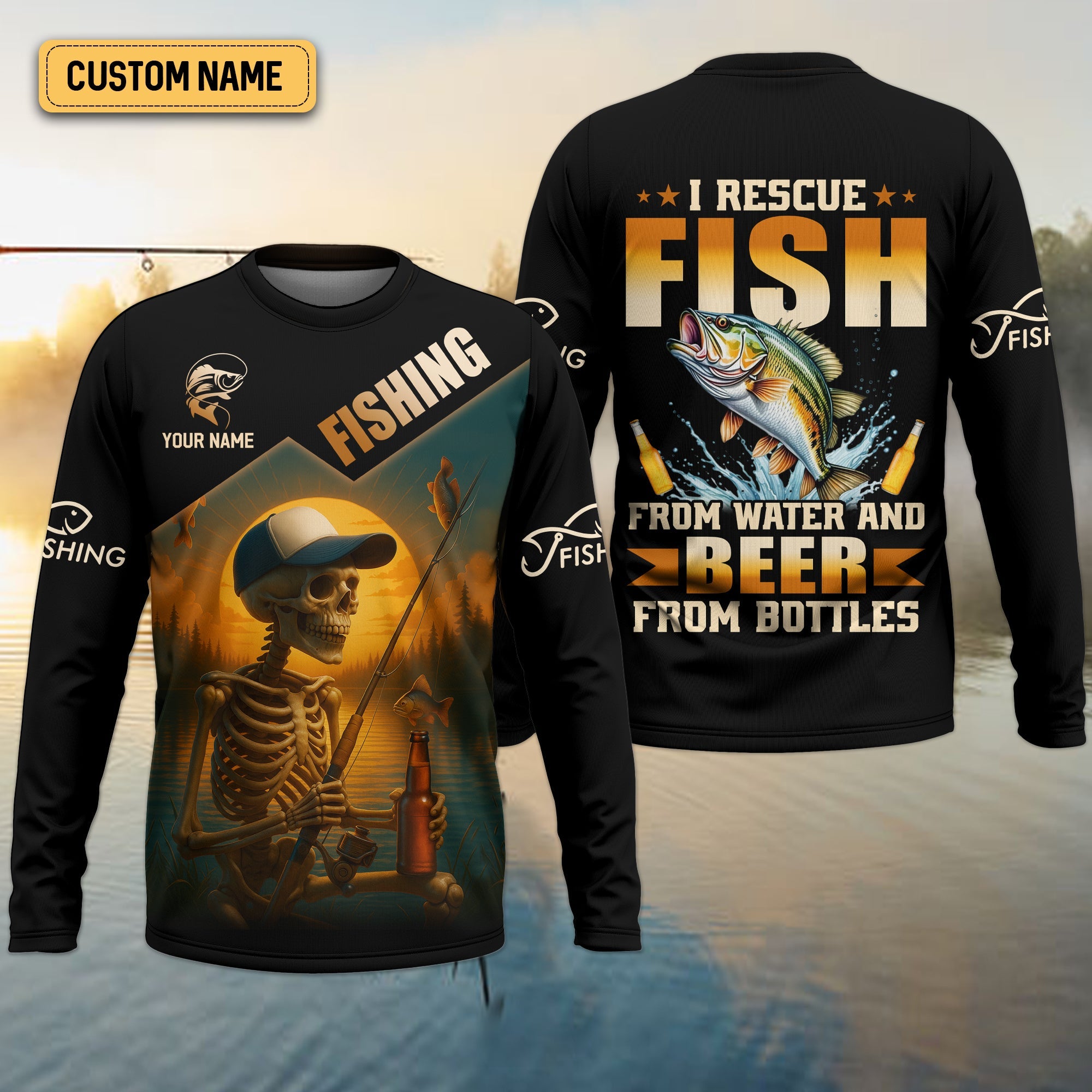 Fish And Beer, Skeleton Fishing, Funny Fishing Shirts, SPF Shirts For Men, Long Sleeve Tops