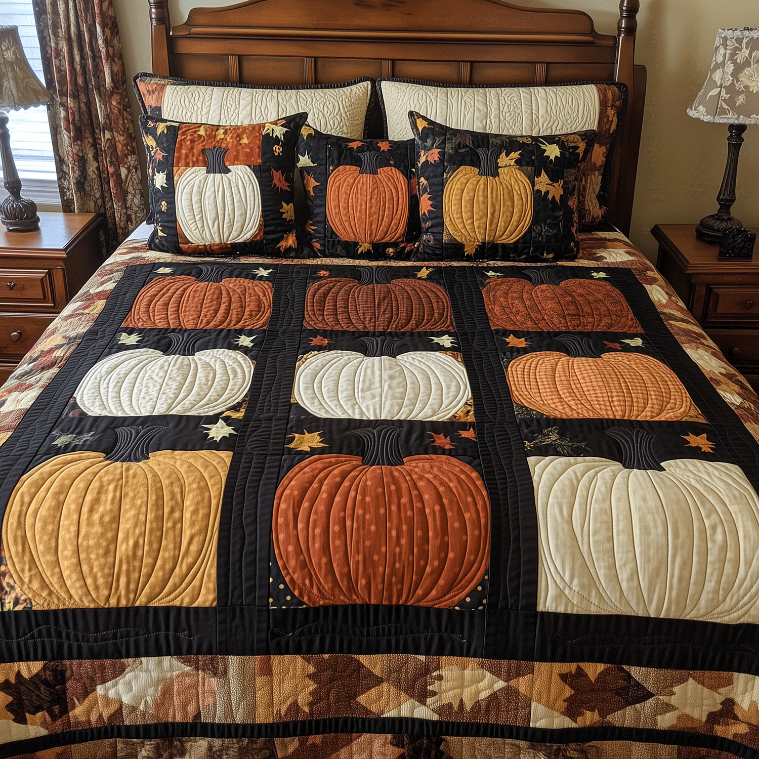 Halloween Harvest 3-Piece Quilted Bedding Set Quilted Bedspread Nature Lover Gift Fall Decor Gift
