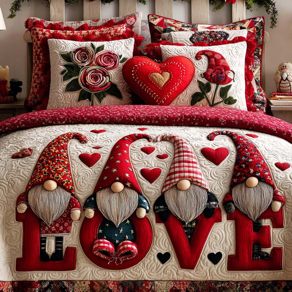 Heartfelt Gnome Hug Quilted Bedding Set Quilted Bedspread New Home Gift