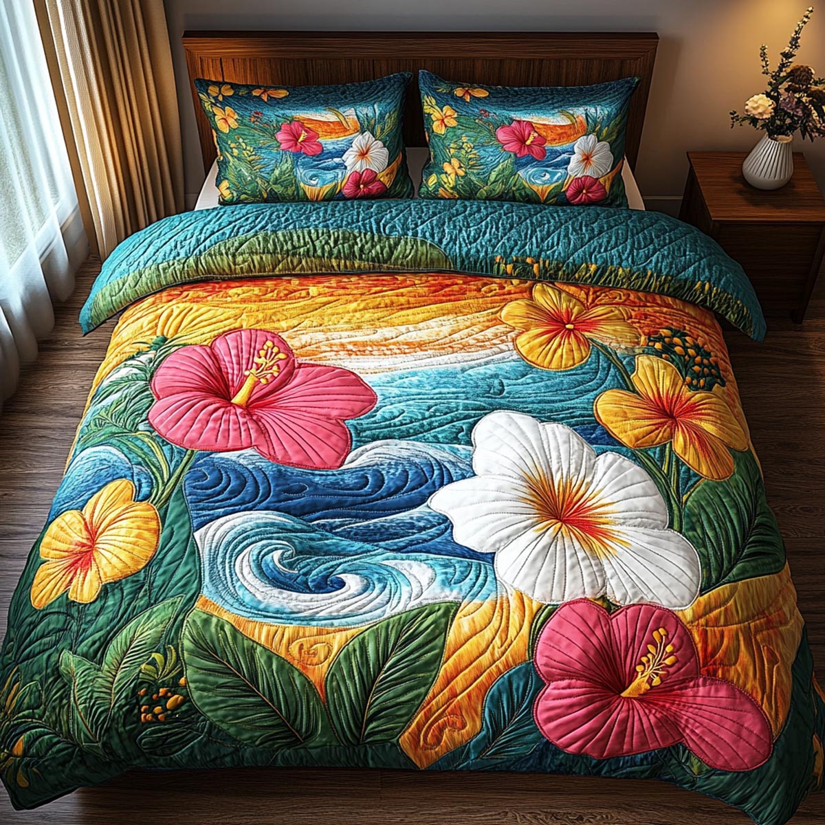 Hibiscus Breeze Quilted Bedding Set Fall Quilt Sets Thanksgiving Gift