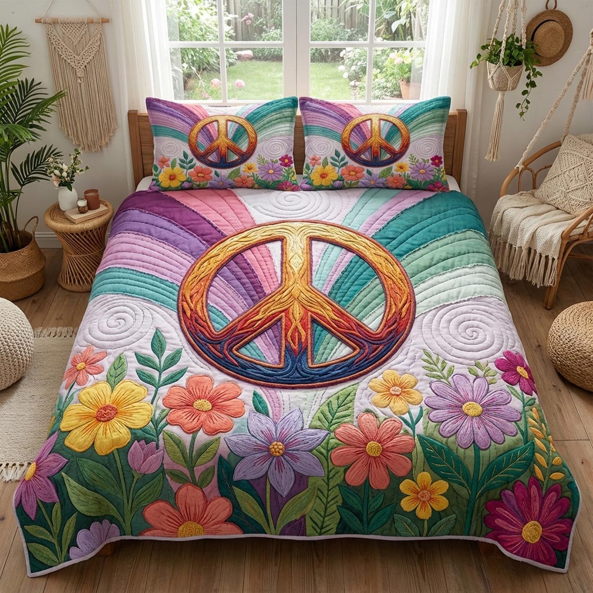 Hippie Spirit Quilted Bedding Set Lightweight Quilt Set New Home Gift