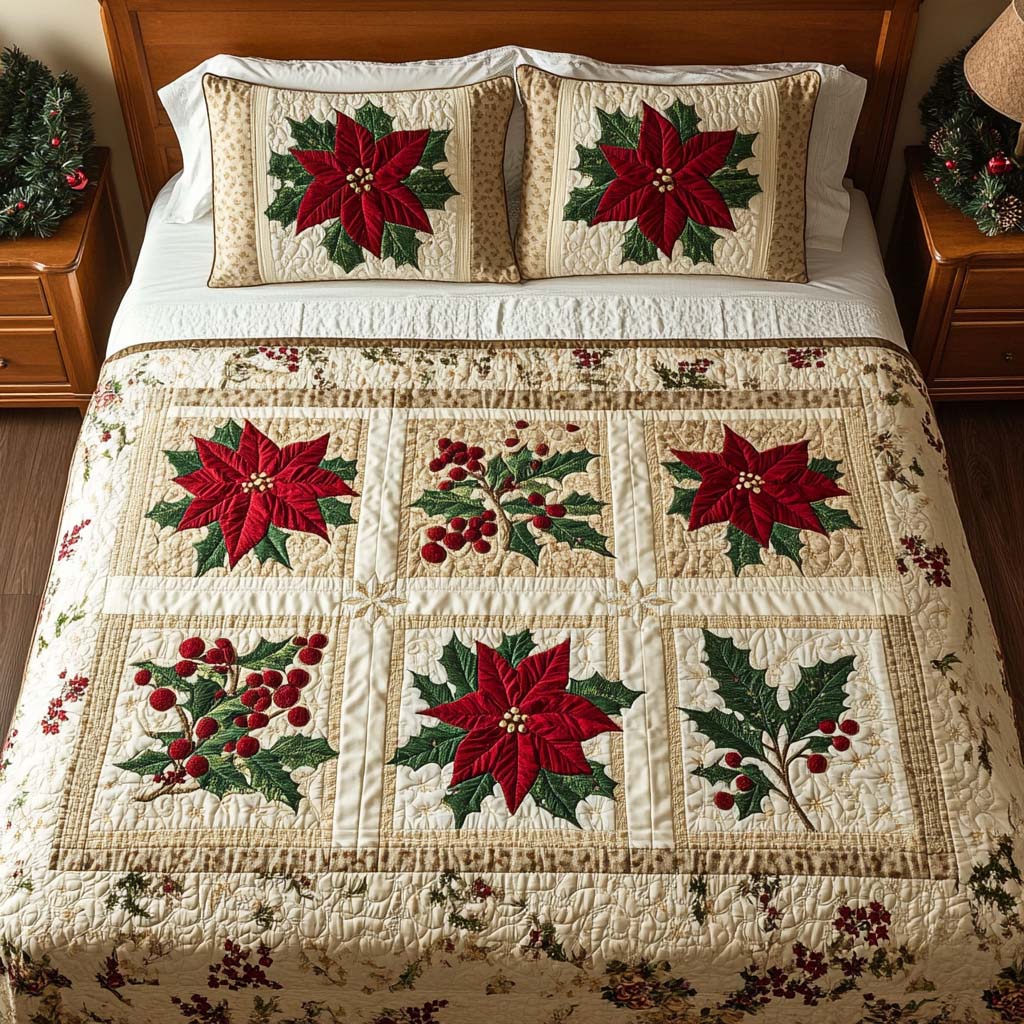 Holly Cheer Quilted Bedding Set Lightweight Quilt Set Housewarming Gift