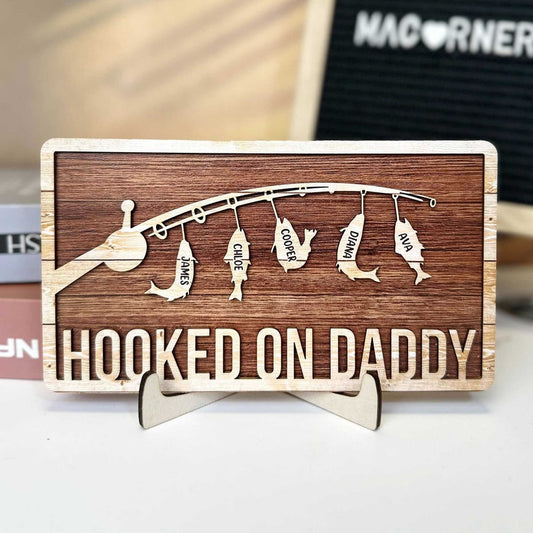 Hooked On Papa Daddy Personalized 2 Layers Wooden Plaque, Unique Father's Day Gift, Gift for Papa, For Fishing