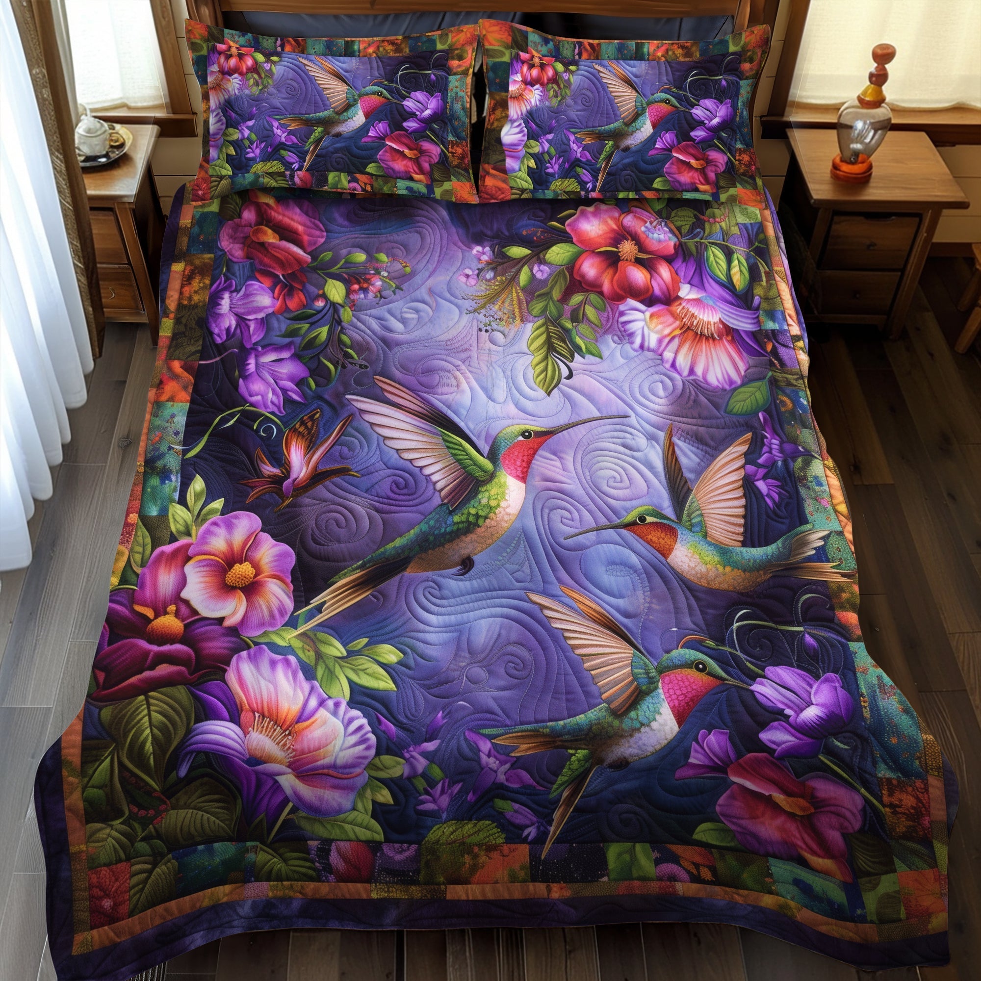 Hummingbird Haven 3-Piece Quilted Bedding Set Fall Quilt Sets Nature Lover Gift Fall Decor Gift