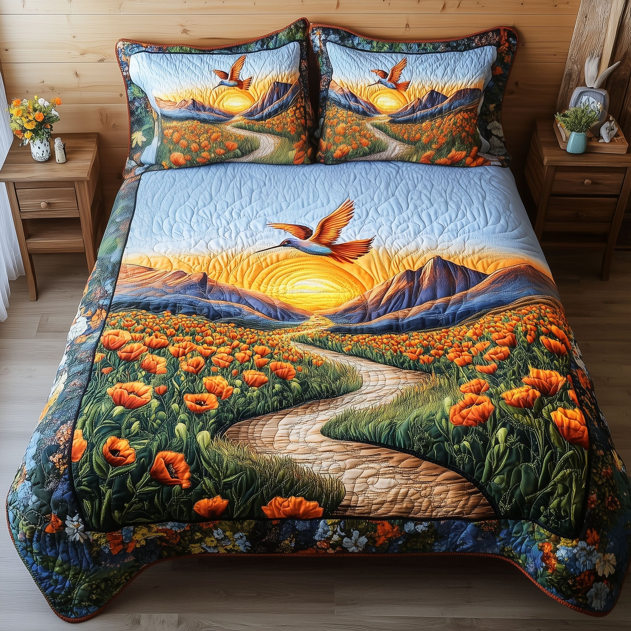 Hummingbird Harmony Quilted Bedding Set Bedspread Set Nature Lover Gift Fall Decor Gift