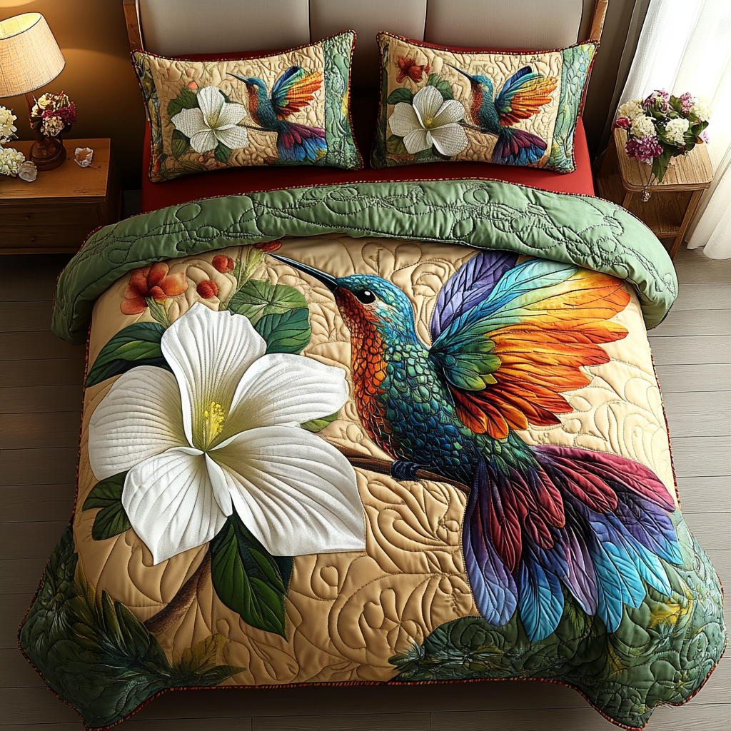 Hummingbird Haven 3-Piece Quilted Bedding Set Bedspread Set Nature Lover Gift Fall Decor Gift