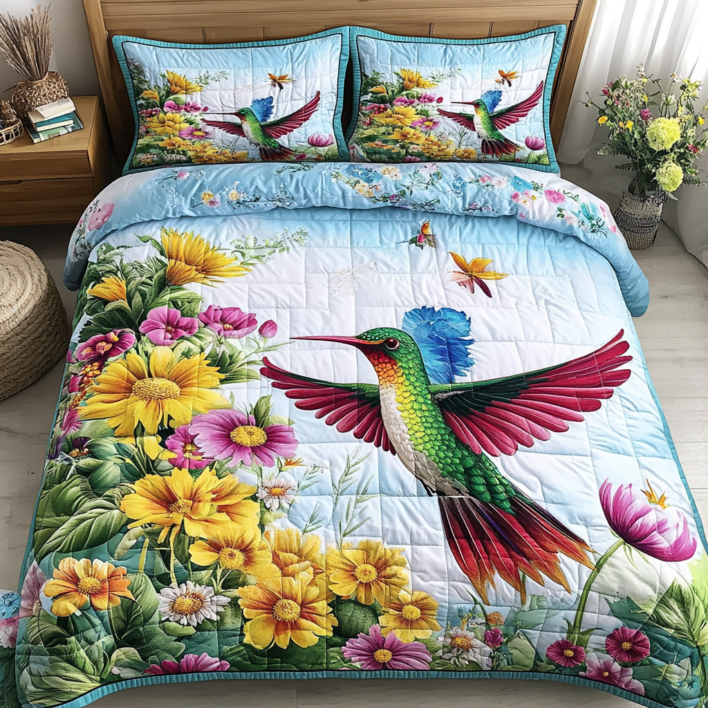 Hummingbird Joy Quilted Bedding Set Fall Quilt Sets Nature Lover Gift Fall Decor Gift