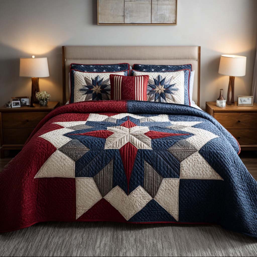 Independence Starburst Quilted Bedding Set Quilted Bedspread 4th Of July Gift