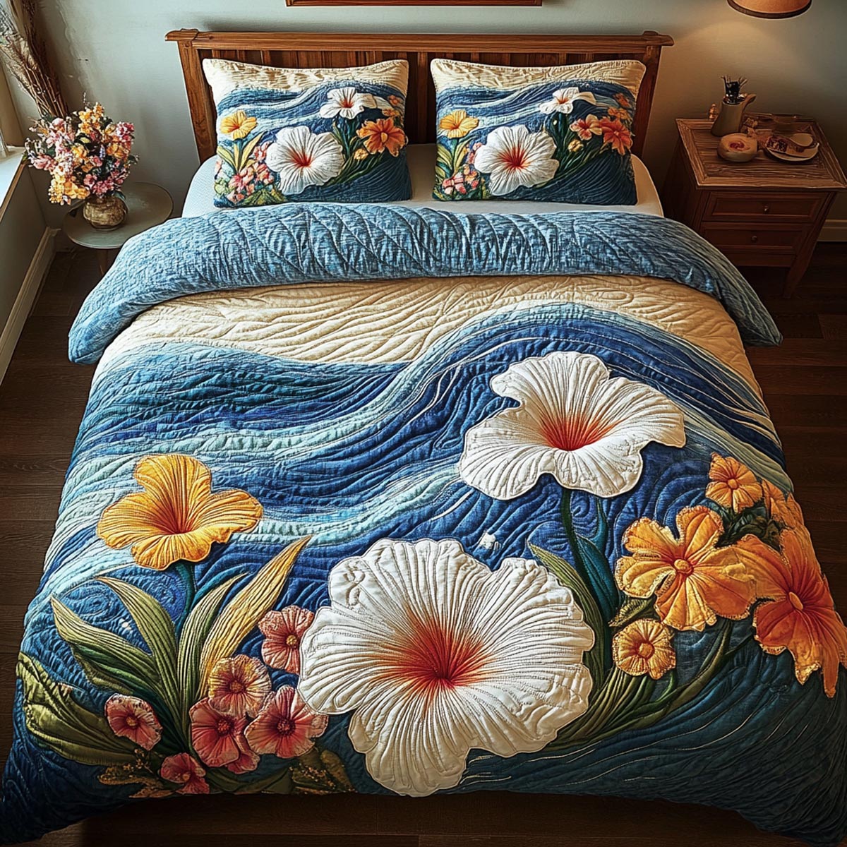 Island Bloom Quilted Bedding Set Quilted Bedspread Nature Lover Gift Fall Decor Gift