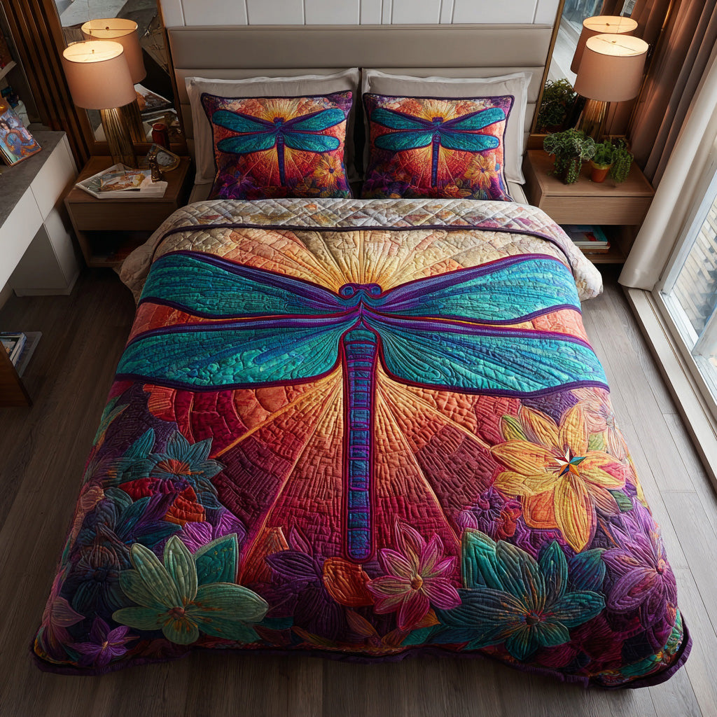 Jewel Dragonfly 3-Piece Quilted Bedding Set Quilted Bedspread Nature Lover Gift Fall Decor Gift