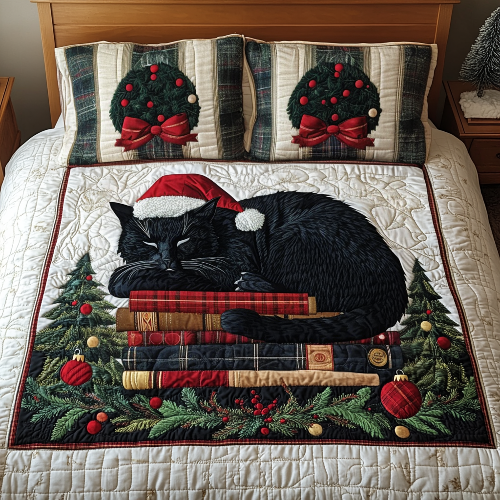 Kitty Christmas Tales 3-Piece Quilted Bedding Set Fall Quilt Sets Christmas Gift For Her