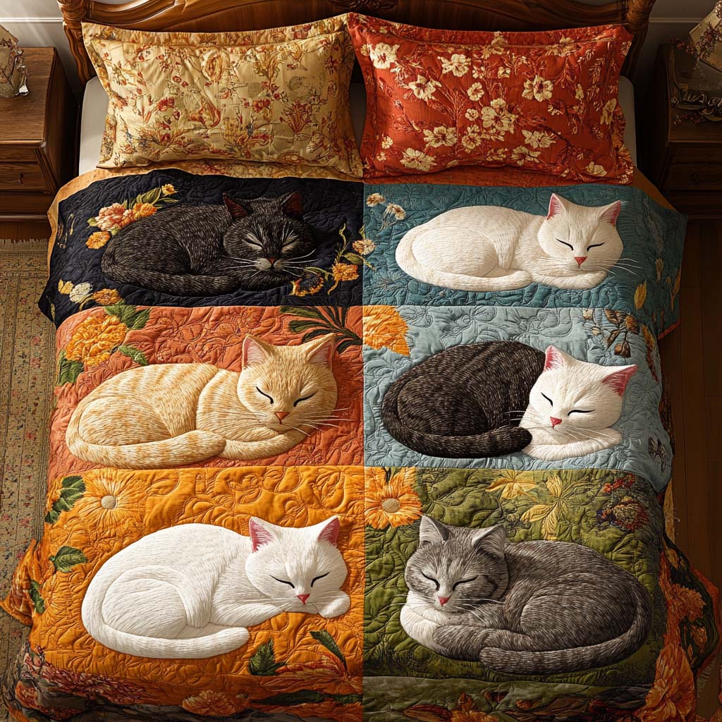 Lazy Cat Nap 3-Piece Quilted Bedding Set Bedspread Set Pet Lover Gift Fall Decor Gift