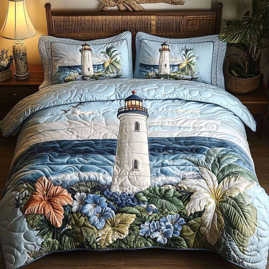 Lighthouse Bloom 3-Piece Quilted Bedding Set Bedspread Set Nature Lover Gift Fall Decor Gift