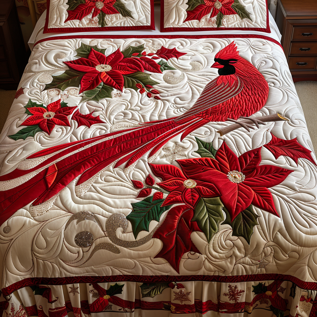Long Tail Cardinal Quilted Bedding Set Fall Quilt Sets Christmas Gift For Her