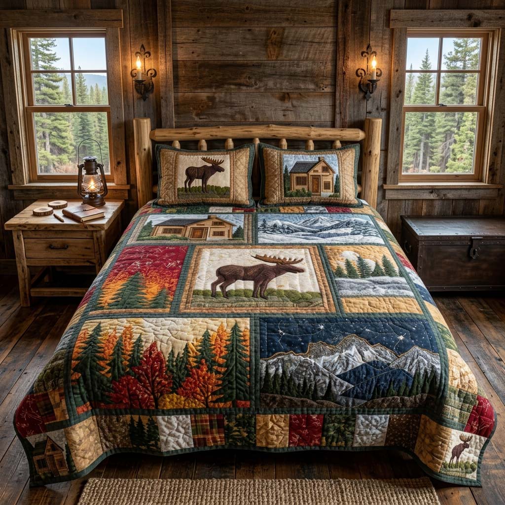 Majestic Moose Cabin 3-Piece Quilted Bedding Set Bedspread Set Mothers Day Gift