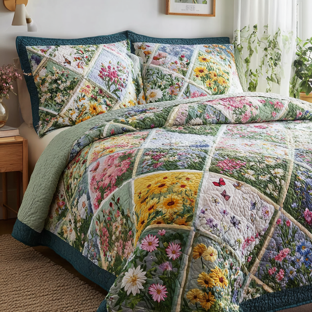 Meadow Joy Quilted Bedding Set Fall Quilt Sets Nature Lover Gift Fall Decor Gift