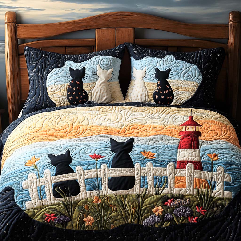 Meow Family Comfort Quilted Bedding Set Quilted Bedspread Housewarming Gift